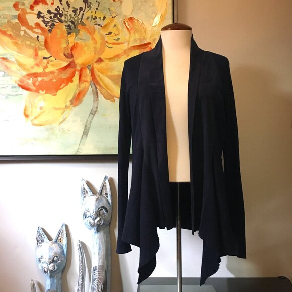 Velvety Soft Lapel Eleven Eleven Deepsea Blue Handkerchief Hem Open Cardigan - Picture 1 of 16